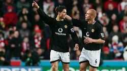 Cristiano Ronaldo of Manchester Utd celebrates his goal with Wes Brown during the FA Cup Quarter Final match between Southampton and Manchester United.