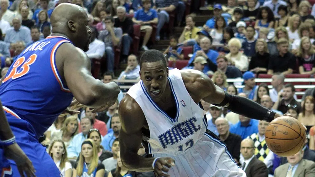 Dwight Howard #12 of the Orlando Magic drives against Shaquille O’Neal #33 of the Cleveland Cavaliers at Amway Arena on February 21, 2010. (Sam Greenwood/Getty Images)