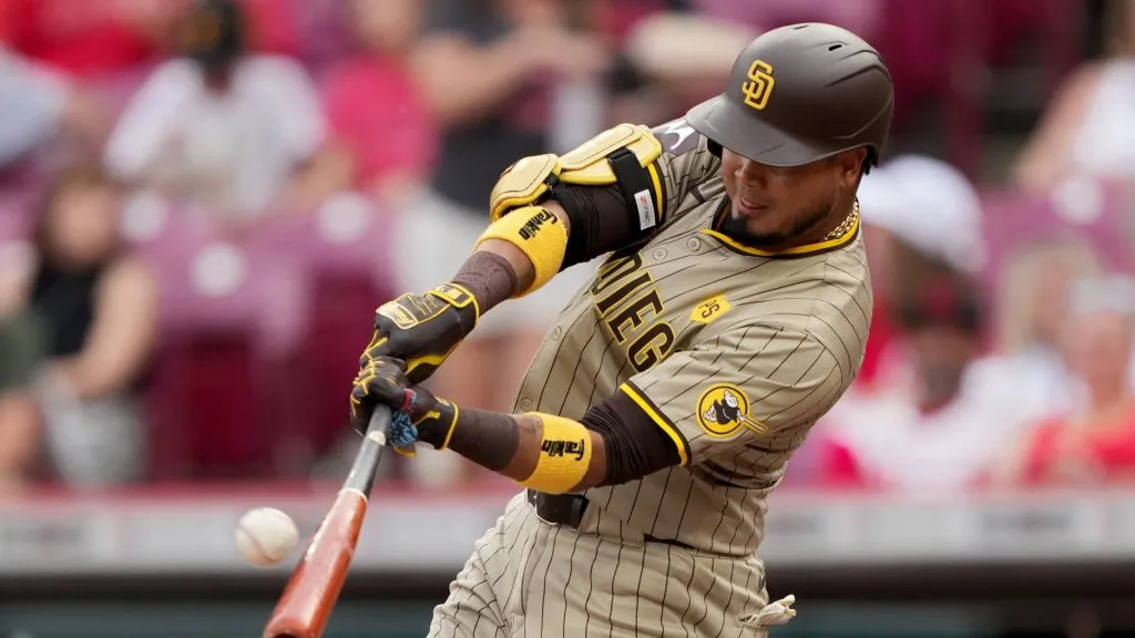 Luis Arraez #4 of the San Diego Padres hits a home run in the first inning against the Cincinnati Reds at Great American Ball Park on May 22, 2024 in Cincinnati, Ohio. (Photo by Dylan Buell/Getty Images)