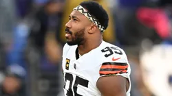 Myles Garrett #95 of the Cleveland Browns warms up before the game against the Baltimore Ravens at M&T Bank Stadium on January 04, 2025 in Baltimore, Maryland.