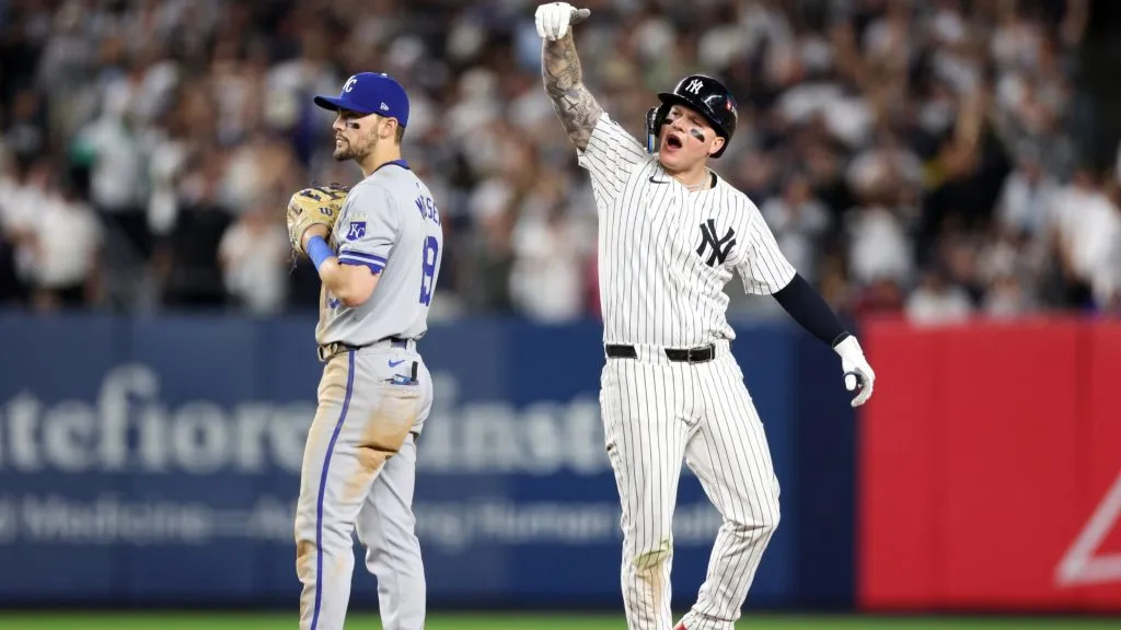 Alex Verdugo #24 of the New York Yankees celebrates after hitting an RBI single against the Kansas City Royals during the seventh inning in Game One of the Division Series at Yankee Stadium on October 05, 2024 in New York City. (Photo by Elsa/Getty Images)