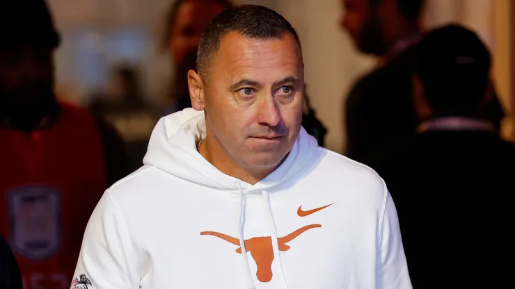 Head coach Steve Sarkisian of the Texas Longhorns walks onto the field prior to the Chick-fil-A Peach Bowl against the Arizona State Sun Devils at Mercedes-Benz Stadium on January 01, 2025 in Atlanta, Georgia.