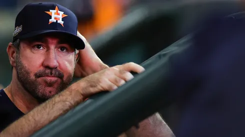 Justin Verlander #35 of the Houston Astros looks on prior to Game Two of the Wild Card Series against the Detroit Tigers at Minute Maid Park on October 02, 2024 in Houston, Texas.