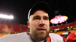 Travis Kelce #87 of the Kansas City Chiefs celebrates after defeating the Cincinnati Bengals 23-20 in the AFC Championship Game at GEHA Field at Arrowhead Stadium on January 29, 2023 in Kansas City, Missouri.