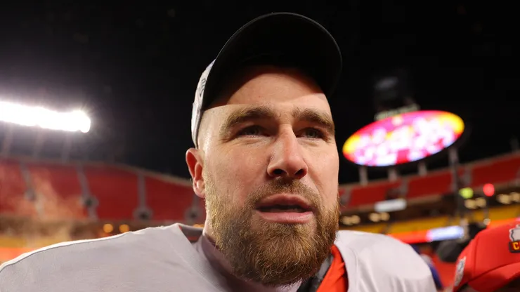 Travis Kelce #87 of the Kansas City Chiefs celebrates after defeating the Cincinnati Bengals 23-20 in the AFC Championship Game at GEHA Field at Arrowhead Stadium on January 29, 2023 in Kansas City, Missouri.