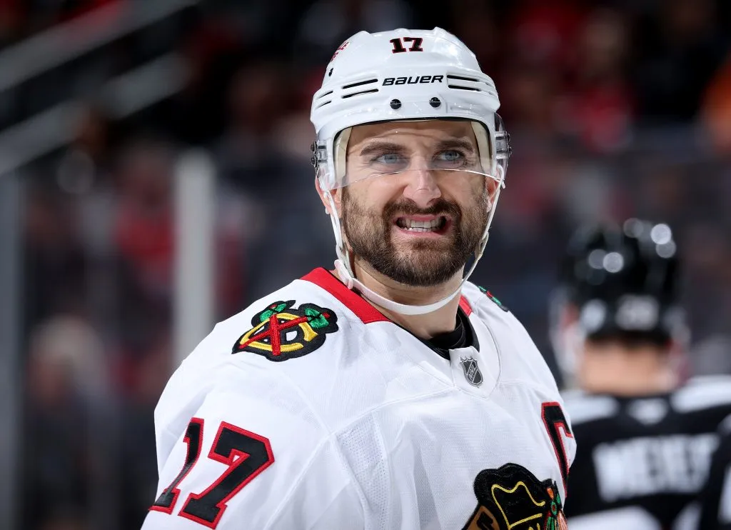 NEWARK, NEW JERSEY – DECEMBER 14: Nick Foligno #17 of the Chicago Blackhawks reacts before a face off against the New Jersey Devils during the second period at Prudential Center on December 14, 2024 in Newark, New Jersey. (Photo by Elsa/Getty Images)