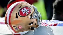 A San Francisco 49ers helmet on the bench during the game against the Jacksonville Jaguars at TIAA Bank Field on November 21, 2021 in Jacksonville, Florida.