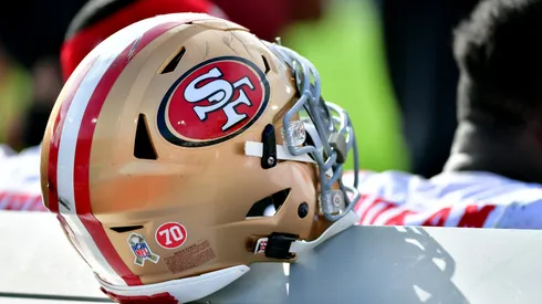 A San Francisco 49ers helmet on the bench during the game against the Jacksonville Jaguars at TIAA Bank Field on November 21, 2021 in Jacksonville, Florida.