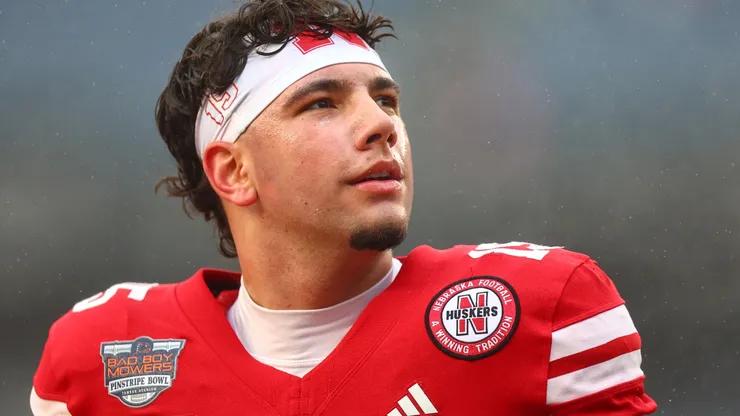 Dylan Raiola #15 of the Nebraska Cornhuskers warms up before the Bad Boy Mowers Pinstripe Bowl against the Boston College Eagles at Yankee Stadium on December 28, 2024 in New York City.