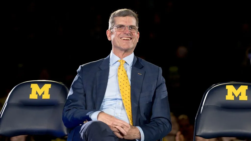 Head coach Jim Harbaugh of the Michigan Wolverines smiles during the Michigan Wolverines football National Championship celebration. (Source: Nic Antaya/Getty Images)