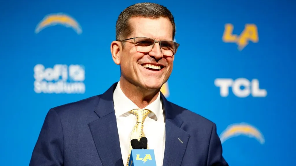 Newly appointed head coach Jim Harbaugh of the Los Angeles Chargers speaks to the media during a press conference at YouTube Theater. (Source: Ronald Martinez/Getty Images)