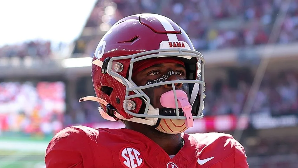 Germie Bernard #5 of the Alabama Crimson Tide runs in this reception for a touchdown against the South Carolina Gamecocks during the fourth quarter at Bryant-Denny Stadium on October 12, 2024 in Tuscaloosa, Alabama.