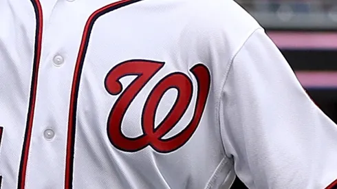 A close-up of Bryce Harper's #34 Washington Nationals jersey.