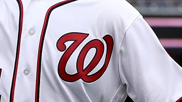 A close-up of Bryce Harper's #34 Washington Nationals jersey.