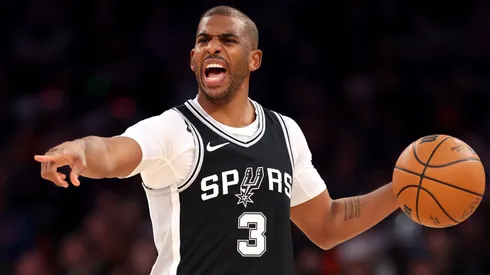 Chris Paul #3 of the San Antonio Spurs in action against the New York Knicks at Madison Square Garden on December 25, 2024 in New York City.
