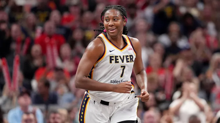 Aliyah Boston of Indiana Fever smiles after a basket during the first half against the Minnesota Lynx