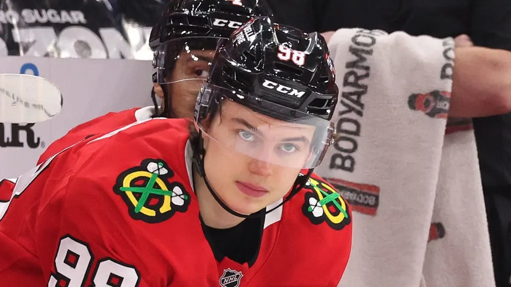 Connor Bedard #98 of the Chicago Blackhawks looks on against the New York Rangers during the third period at the United Center on January 05, 2025 in Chicago, Illinois.