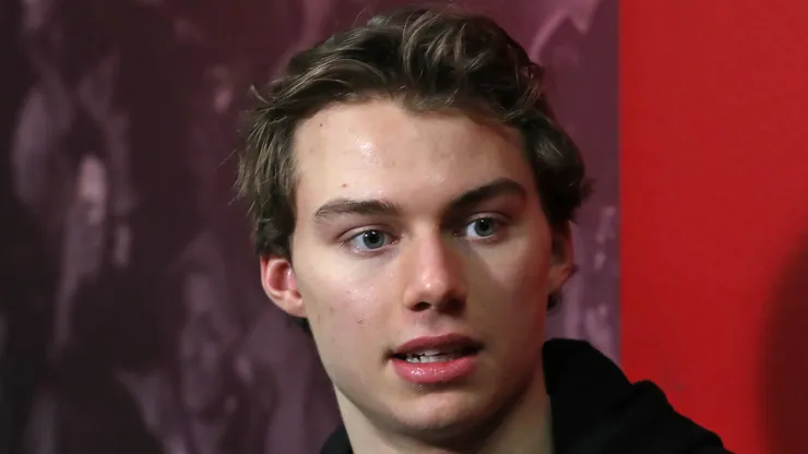 Connor Bedard #98 of the Chicago Blackhawks talks with the media prior to playing against the Toronto Maple Leafs in an NHL game at Scotiabank Arena on October 16, 2023 in Toronto, Ontario, Canada.