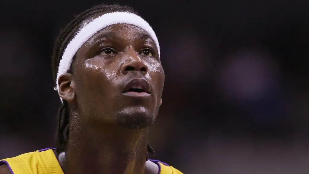 Kwame Brown #54 of the Los Angeles Lakers shoots a free throw during the game against the Charlotte Bobcats on October 21, 2005.