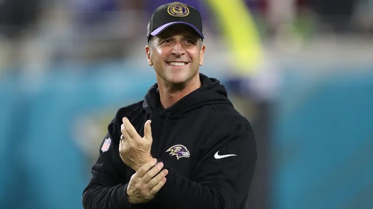 Head coach John Harbaugh of the Baltimore Ravens looks on before the game against the Jacksonville Jaguars at EverBank Stadium on December 17, 2023.