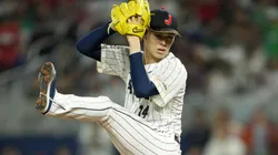 Roki Sasaki #14 of Team Japan pitches in the first inning against Team Mexico during the World Baseball Classic Semifinals at loanDepot park on March 20, 2023 in Miami, Florida.