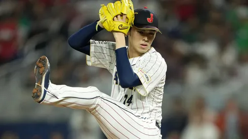 Roki Sasaki #14 of Team Japan pitches in the first inning against Team Mexico during the World Baseball Classic Semifinals at loanDepot park on March 20, 2023 in Miami, Florida.