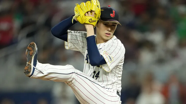 Roki Sasaki #14 of Team Japan pitches in the first inning against Team Mexico during the World Baseball Classic Semifinals at loanDepot park on March 20, 2023 in Miami, Florida.