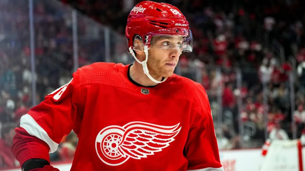 Patrick Kane #88 of the Detroit Red Wings looks on against the San Jose Sharks during the first period at Little Caesars Arena on December 07, 2023. (Source: Nic Antaya/Getty Images)