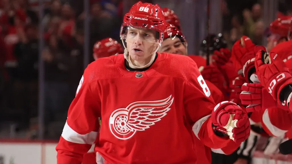 Patrick Kane of the Detroit Red Wings celebrates a goal against the Ottawa Senators at Little Caesars Arena on December 09, 2023. (Source: Gregory Shamus/Getty Images)