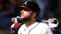 : A.J. Pierzynski #15 of the Atlanta Braves reacts after lining out with runners in scoring position during the third inning against the Philadelphia Phillies at Turner Field on September 19, 2015 in Atlanta, Georgia.