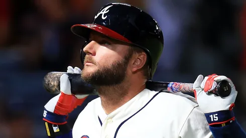 : A.J. Pierzynski #15 of the Atlanta Braves reacts after lining out with runners in scoring position during the third inning against the Philadelphia Phillies at Turner Field on September 19, 2015 in Atlanta, Georgia.