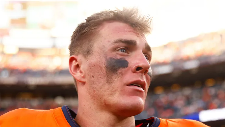 Bo Nix #10 of the Denver Broncos reacts after his team defeated the Carolina Panthers at Empower Field At Mile High on October 27, 2024 in Denver, Colorado.