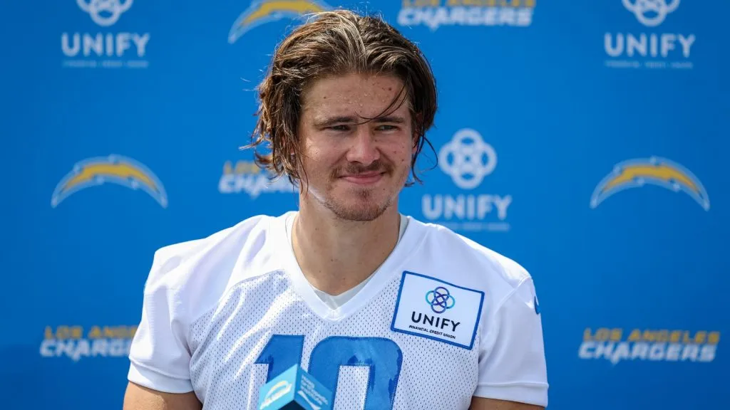 Justin Herbert #10 of the Los Angeles Charger speaks with the media during training camp at Jack Hammett Sports Complex on July 27, 2022. (Source: Scott Taetsch/Getty Images)