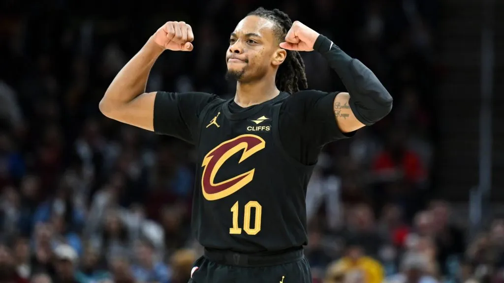 Darius Garland #10 of the Cleveland Cavaliers celebrates a basket during the second half against the Philadelphia 76ers at Rocket Mortgage Fieldhouse on December 21, 2024 in Cleveland, Ohio.