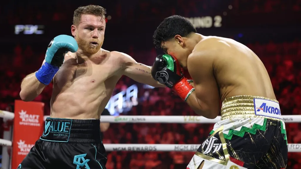 Canelo Alvarez throws a left against Jaime Munguia in their super middleweight championship title fight at T-Mobile Arena on May 04, 2024 in Las Vegas, Nevada. (Photo by Christian Petersen/Getty Images)