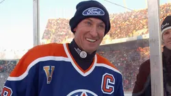 Wayne Gretzky #99 of the Edmonton Oilers smiles during the Molson Canadien Heritage Classic against the Montreal Canadiens on November 22, 2003 at Commonwealth Stadium in Edmonton, Canada. The Oilers defeated the Canadiens 2-0.