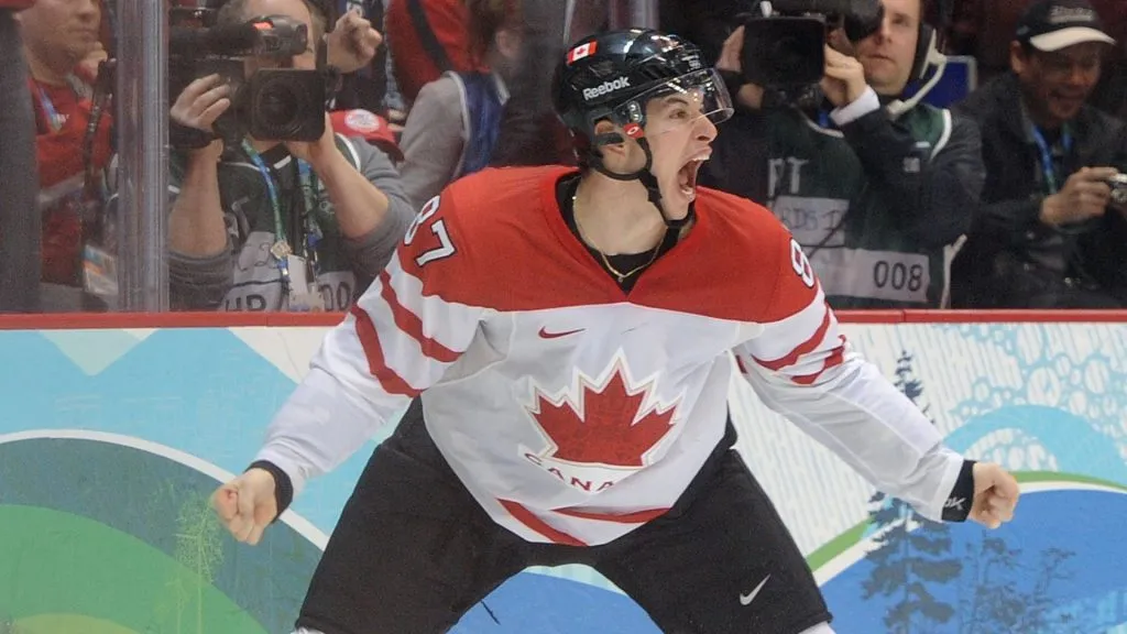 Sidney Crosby #87 of Canada celebrates after scoring the matchwinning goal in overtime during the ice hockey men’s gold medal game between USA and Canada on day 17 of the Vancouver 2010 Winter Olympics at Canada Hockey Place on February 28, 2010 in Vancouver, Canada.
