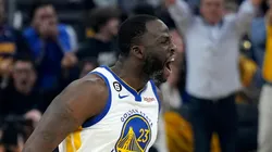 Draymond Green #23 of the Golden State Warriors reacts after a three point basket against the Los Angeles Lakers