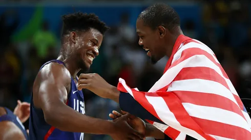 Jimmy Butler and Kevin Durant #5 of United States celebrates after defeating Serbia during the Men's Gold medal game on Day 16 of the Rio 2016 Olympic Games.