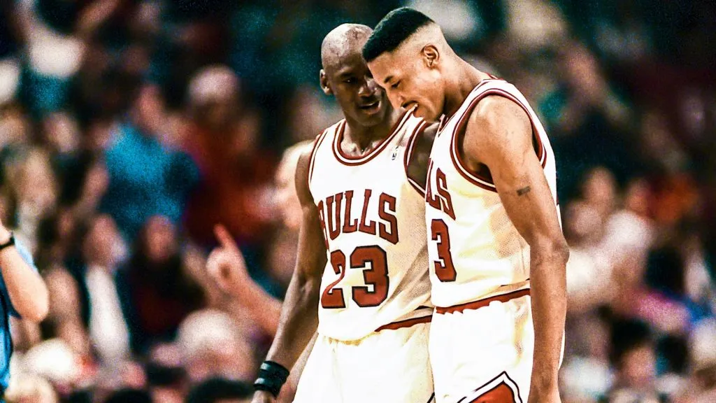 Michael Jordan and Scottie Pippen of the Chicago Bulls during the 1993 NBA Finals – Game 3.