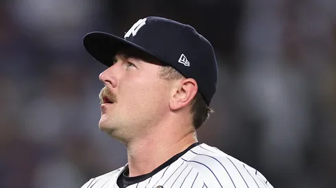 Mark Leiter Jr. #38 of the New York Yankees walks back to the dugout after being relieved during the seventh inning of Game Four of the 2024 World Series against the Los Angeles Dodgers at Yankee Stadium on October 29, 2024 in the Bronx borough of New York City.