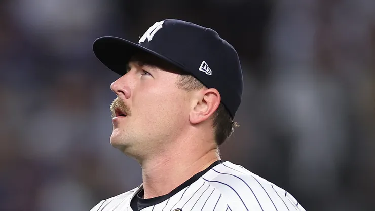 Mark Leiter Jr. #38 of the New York Yankees walks back to the dugout after being relieved during the seventh inning of Game Four of the 2024 World Series against the Los Angeles Dodgers at Yankee Stadium on October 29, 2024 in the Bronx borough of New York City.