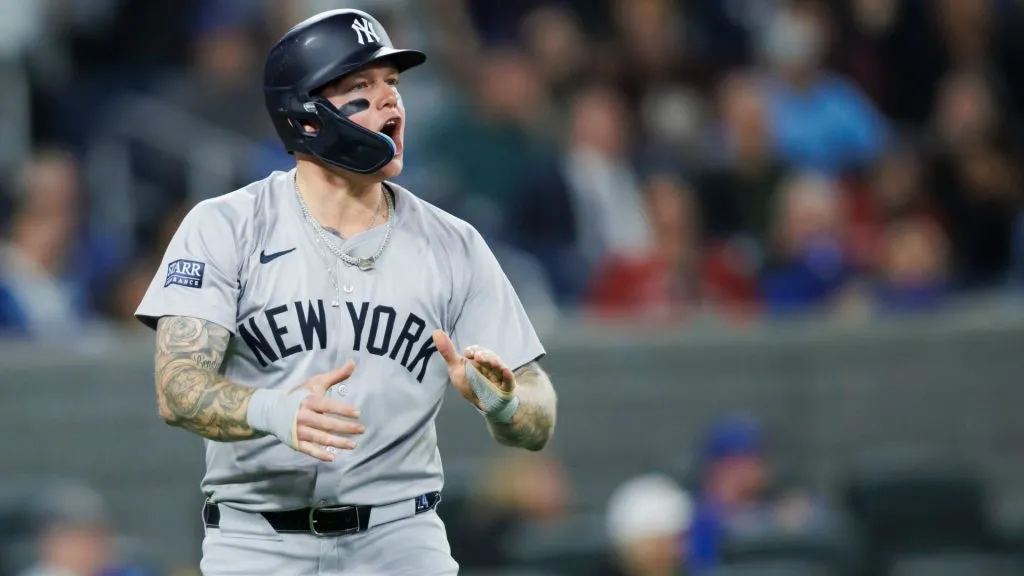 Alex Verdugo #24 of the New York Yankees celebrates scoring off a Aaron Judge #99 single in the ninth inning of their MLB game against the Toronto Blue Jays at Rogers Centre on April 17, 2024 in Toronto, Canada. (Photo by Cole Burston/Getty Images)