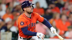 Alex Bregman #2 of the Houston Astros flies out against the Detroit Tigers in the fourth inning during Game Two of the Wild Card Series at Minute Maid Park on October 02, 2024 in Houston, Texas.