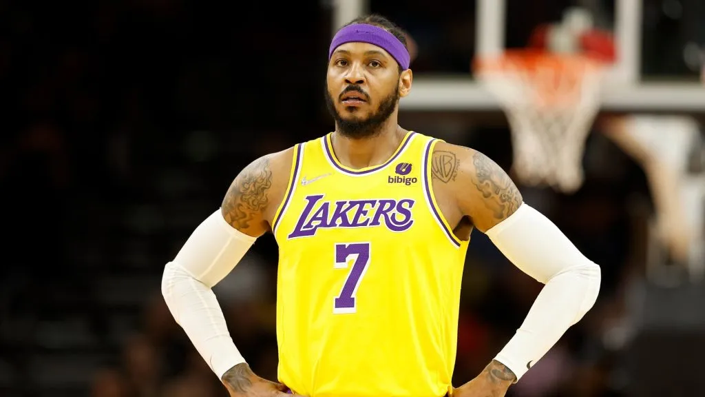 Carmelo Anthony #7 of the Los Angeles Lakers during the first half of the NBA game at Footprint Center on April 05, 2022 in Phoenix, Arizona.