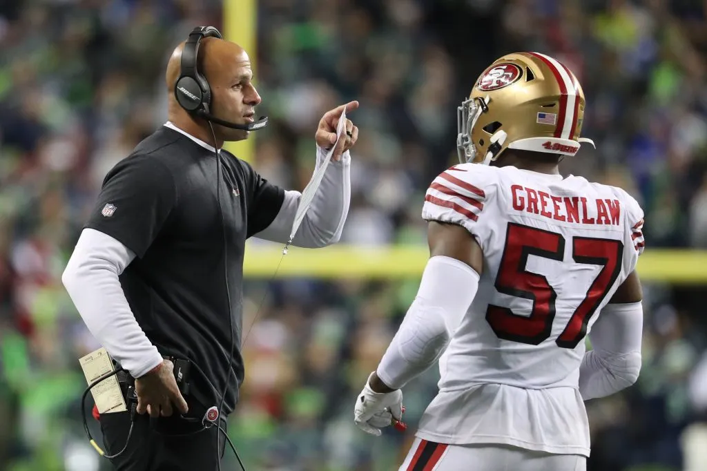 San Francisco 49ers with former Defensive Coordinator Robert Saleh has a conversation with Dre Greenlaw