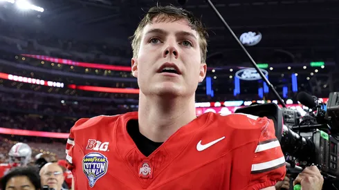 Will Howard #18 of the Ohio State Buckeyes celebrates after beating the Texas Longhorns 28-14 to win the Goodyear Cotton Bowl at AT&T Stadium on January 10, 2025 in Arlington, Texas.