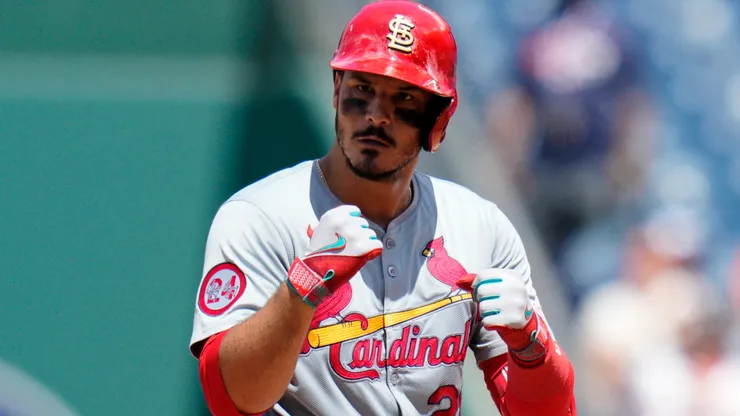 Nolan Arenado #28 of the St. Louis Cardinals gestures after hitting a two-RBI single against the Washington Nationals during the fifth inning at Nationals Park on July 07, 2024 in Washington, DC.