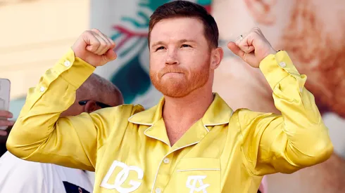 Undisputed super middleweight champion Saul “Canelo” Alvarez of Mexico waves to the crowd at the ceremonial weigh-in at Toshiba Plaza on September 29, 2023 in Las Vegas, Nevada.