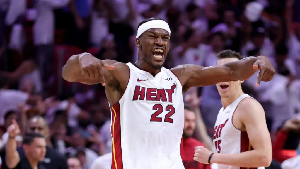 Jimmy Butler #22 of the Miami Heat reacts